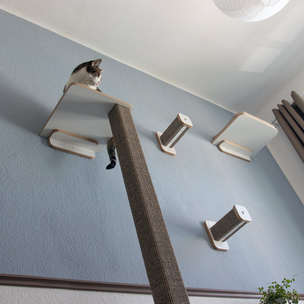 Aufnahme eines Kratzbaums in Kombination mit zwei Hüpfstämmen in der Sisalfarbe grau-braun von unten, das Kletterwand trägt den Namen KATZENARTistik