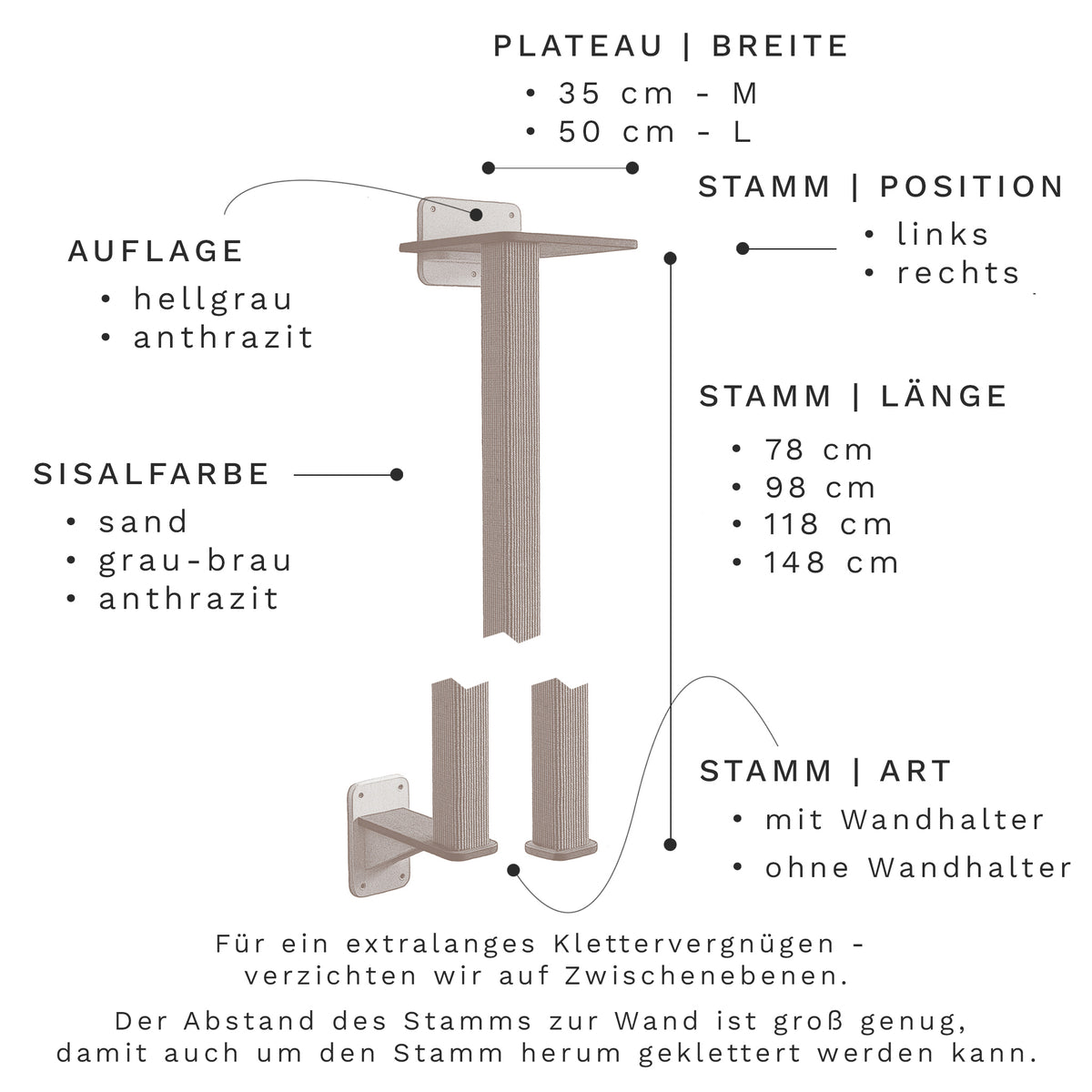 Vollpfosten bodenständig | KLETTER-KRATZSTAMM aus Sisal für Katzen - Kratzsäule 78cm, 98cm, 118cm, 148cm