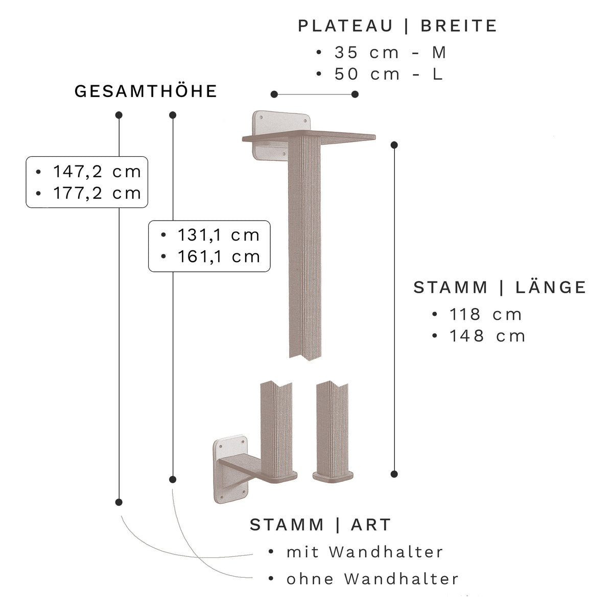 Vollpfosten schwebend | KLETTER-KRATZSTAMM aus Sisal für Katzen - Kratzsäule 78cm, 98cm, 118cm, 148cm
