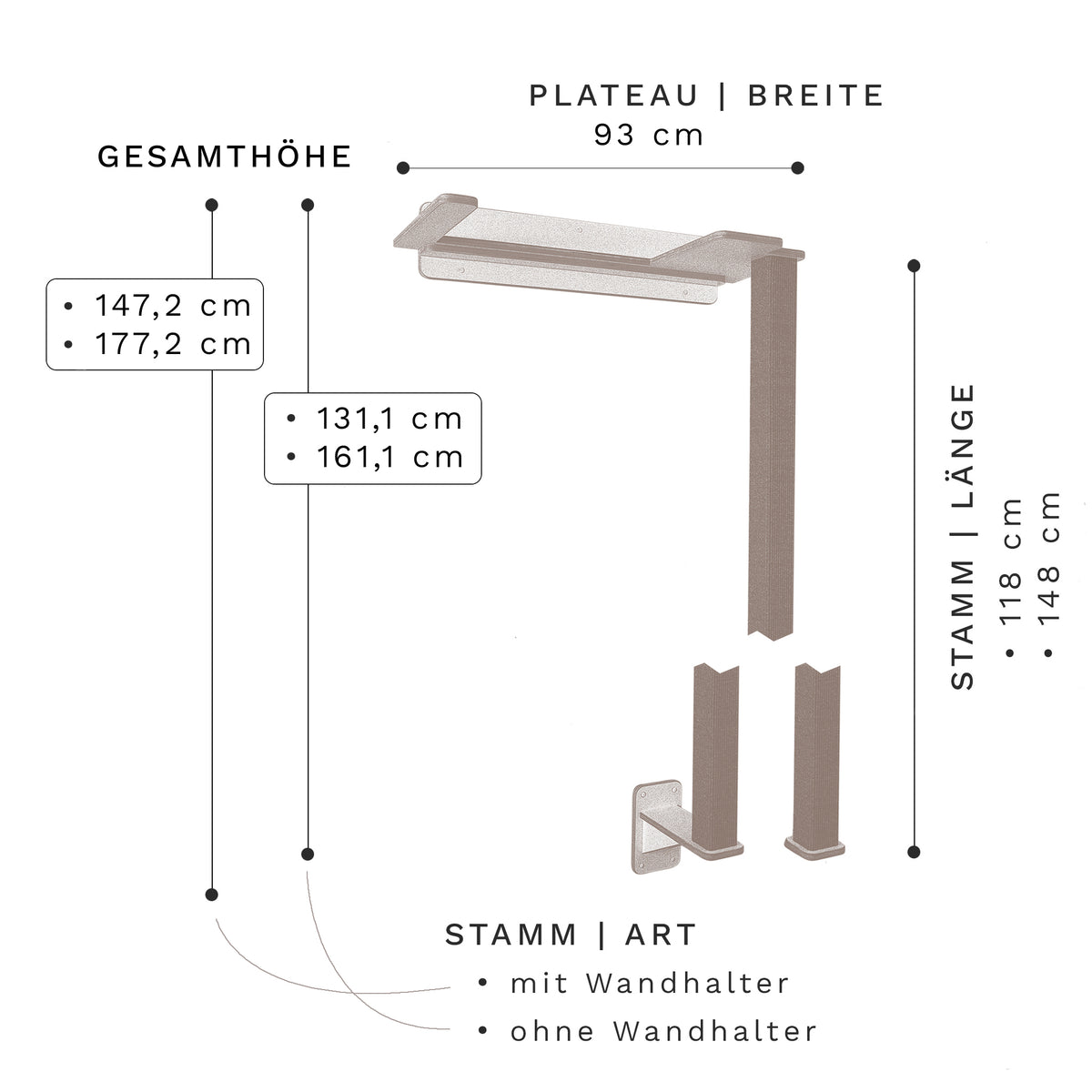Cliffhänger | KLETTER-KRATZSTAMM mit HÄNGEMATTE aus Sisal für Katzen - Kratzsäule 118cm, 148cm